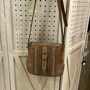 Shyanne Concealed Carry Crossbody Bag Brown and Turquoise Studded Buckle Purse